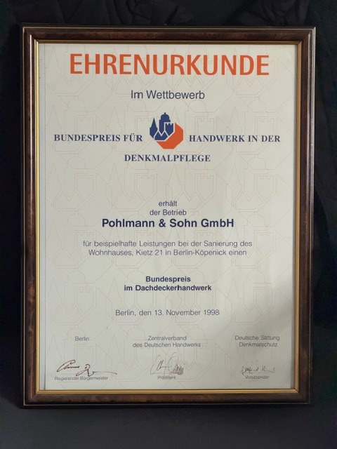 Ehrenurkunde Bundespreis für Handwerk in der Denkmalpflege – Pohlmann & Sohn GmbH 1998